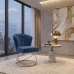 Poltrona Decorativa Estofada Base Aramado Aço Reforçada Industrial Champagne e Azul Marinho